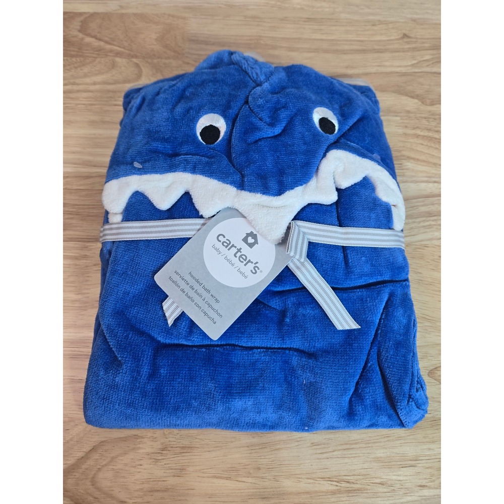 Carters Blue Shark Hooded Bath Wrap Cotton Towel 30x36 NWT